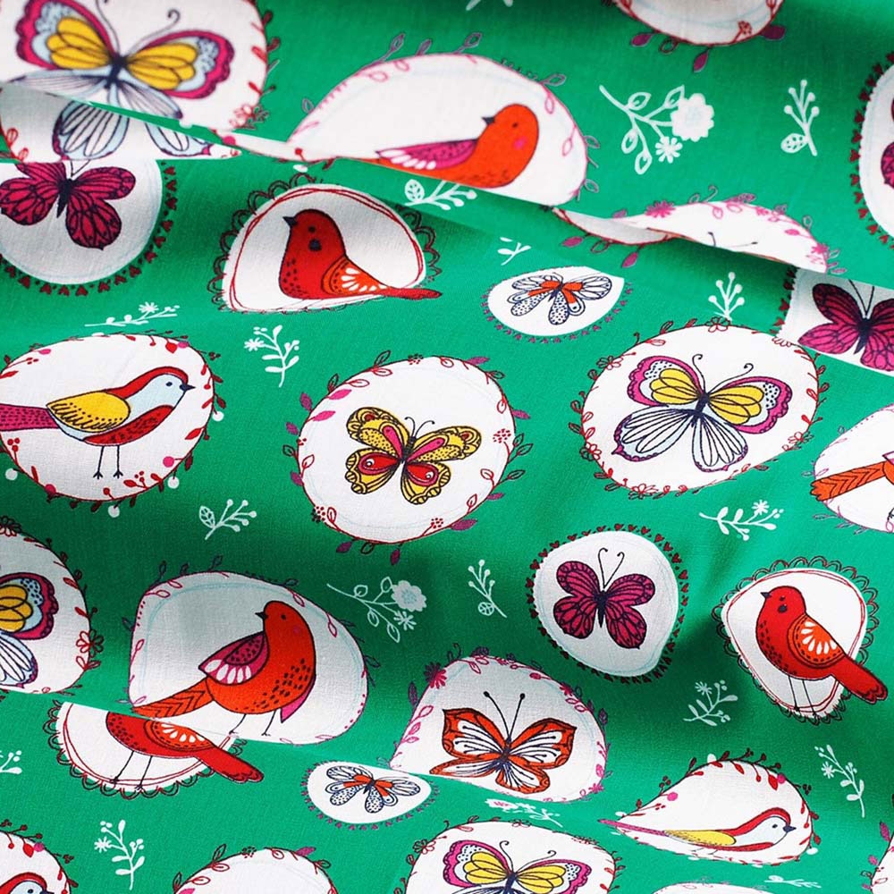 Birdy - Cotton fabric with birds & butterflies - green/turquoise